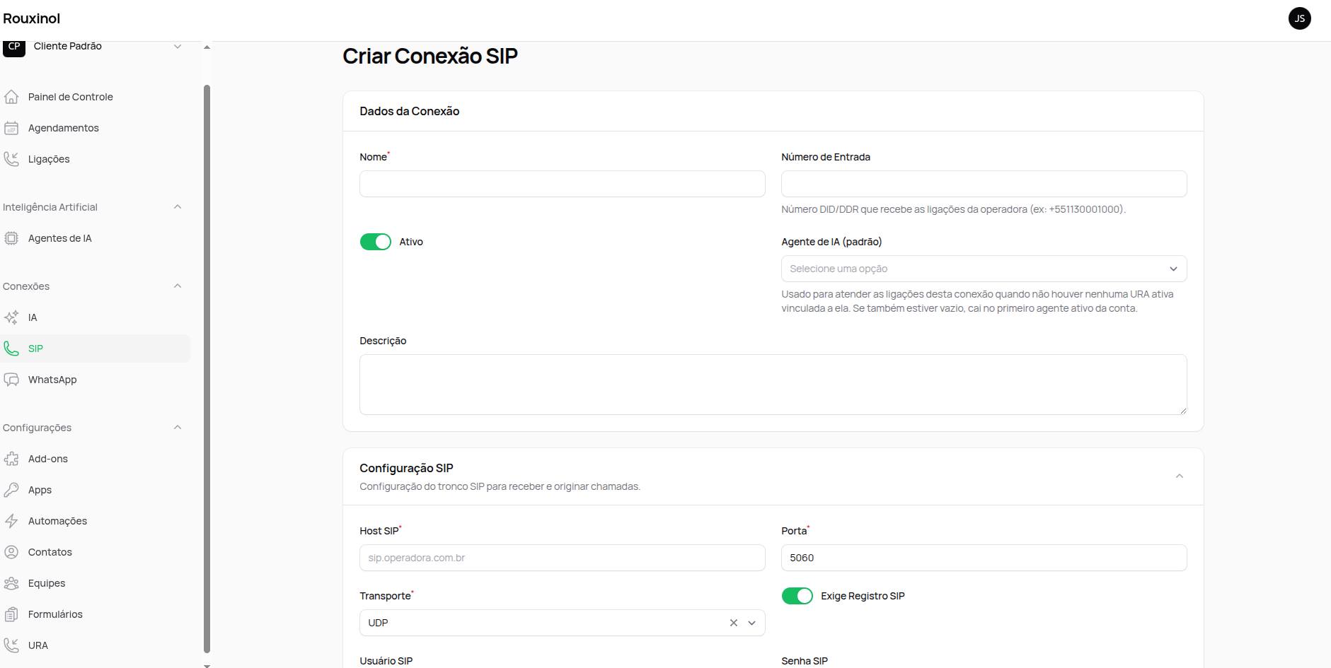 Tela de Conexão de SIP no painel do Rouxinol