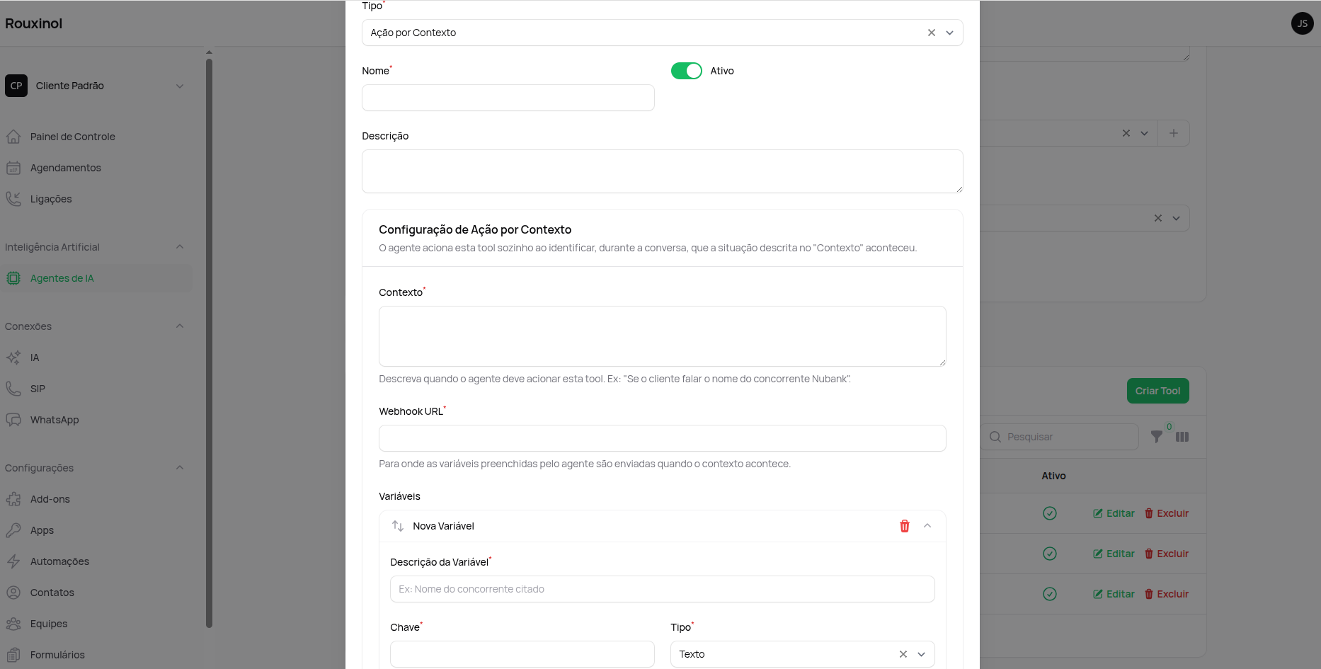 Tela de Ação de contexto no painel do Rouxinol