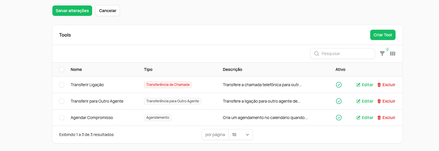 Tela de Ferramentas automáticas no painel do Rouxinol